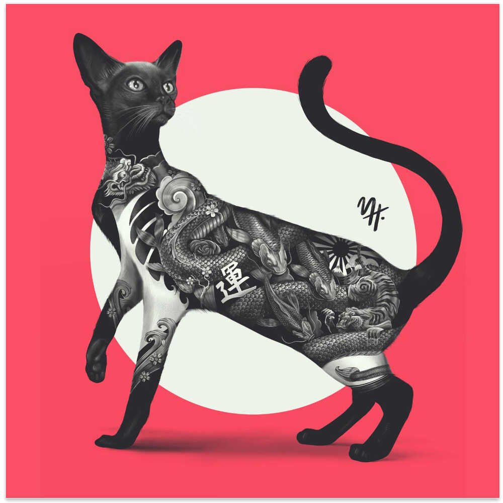 Japanese Cat Tattoo Red - Square Stretched Canvas, Poster or Fine Art Print - I Heart Wall Art - Poster Print, Canvas Print or Framed Art Print