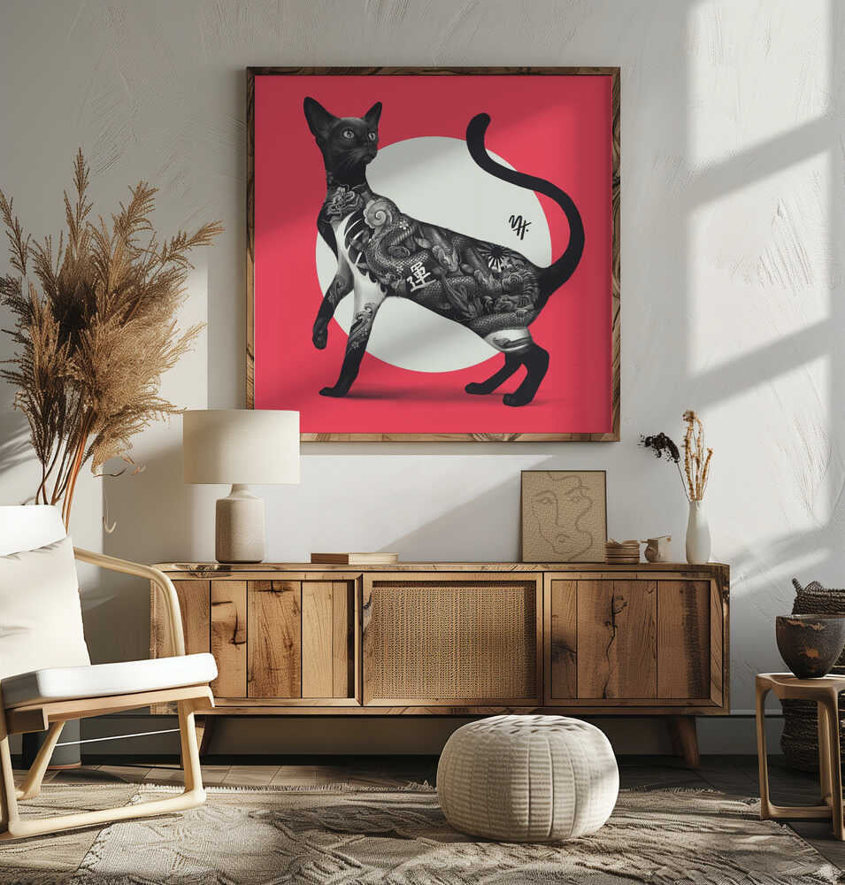 Japanese Cat Tattoo Red - Square Stretched Canvas, Poster or Fine Art Print - I Heart Wall Art - Poster Print, Canvas Print or Framed Art Print