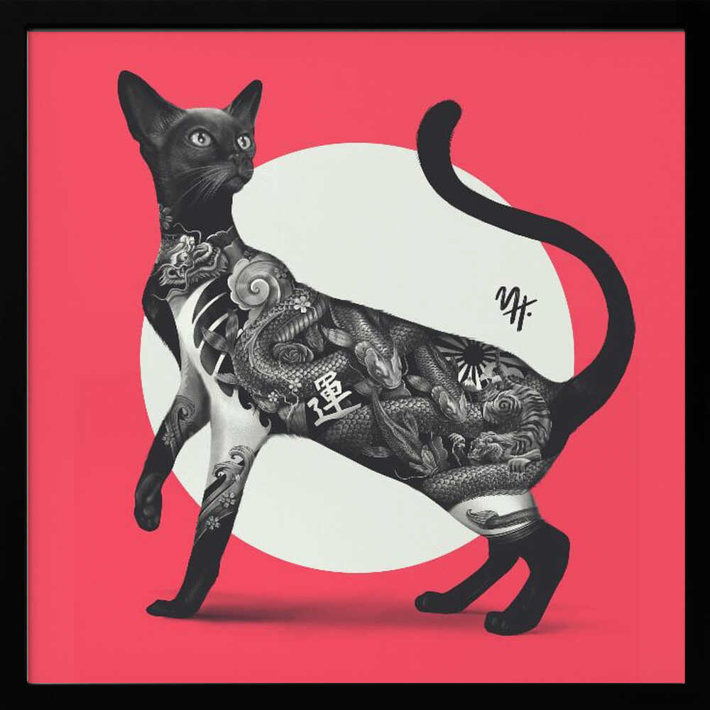 Japanese Cat Tattoo Red - Square Stretched Canvas, Poster or Fine Art Print - I Heart Wall Art - Poster Print, Canvas Print or Framed Art Print