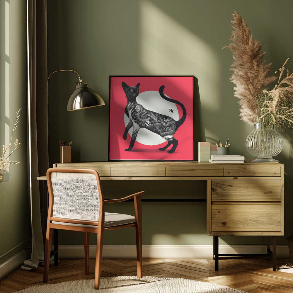 Japanese Cat Tattoo Red - Square Stretched Canvas, Poster or Fine Art Print - I Heart Wall Art - Poster Print, Canvas Print or Framed Art Print