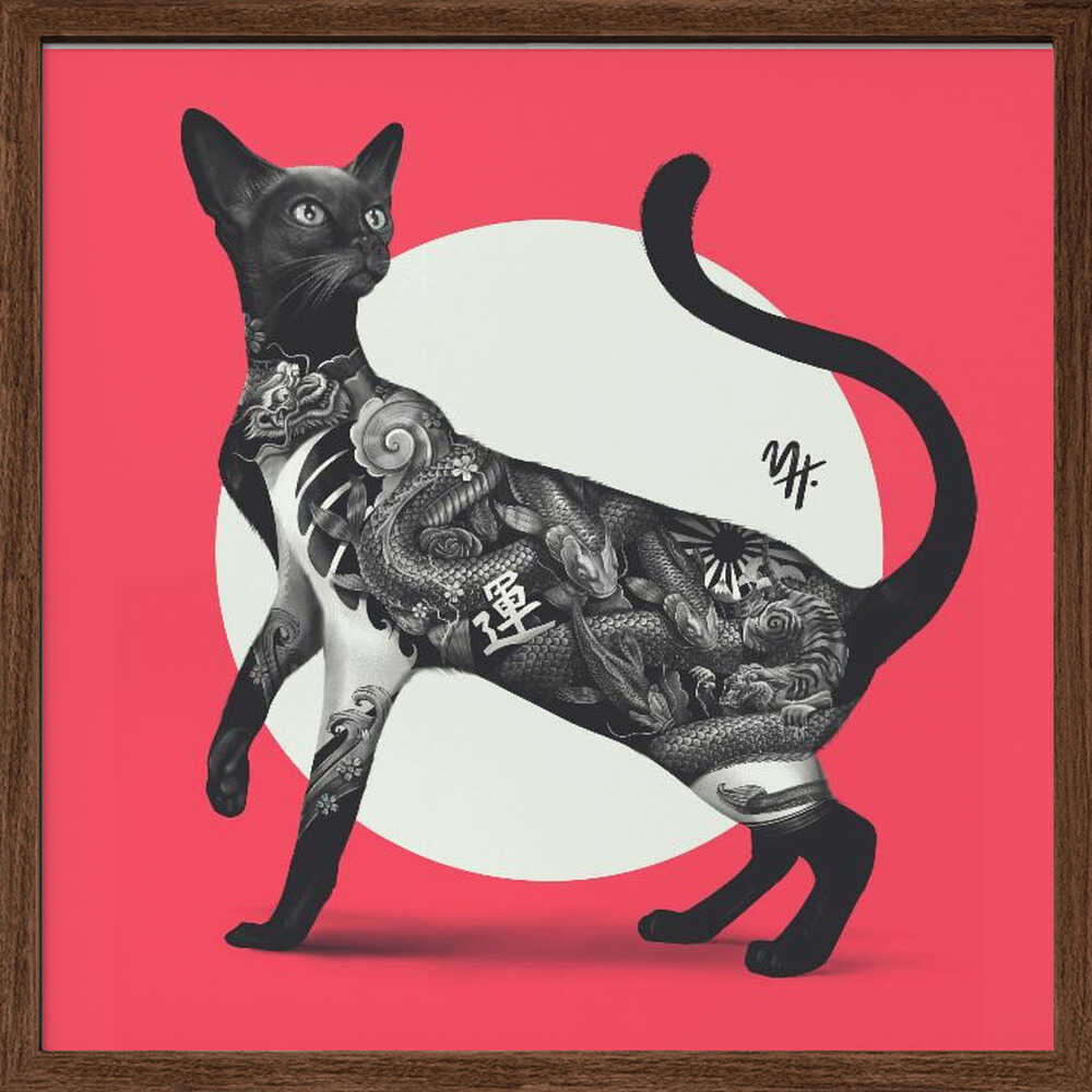 Japanese Cat Tattoo Red - Square Stretched Canvas, Poster or Fine Art Print - I Heart Wall Art - Poster Print, Canvas Print or Framed Art Print