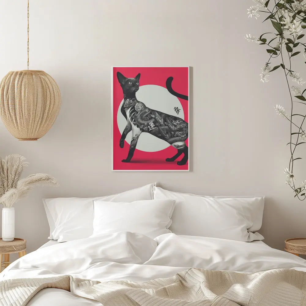 Japanese Cat Tattoo Red - Stretched Canvas, Poster or Fine Art Print I Heart Wall Art