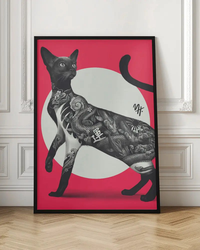 Japanese Cat Tattoo Red - Stretched Canvas, Poster or Fine Art Print I Heart Wall Art