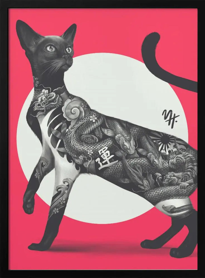 Japanese Cat Tattoo Red - Stretched Canvas, Poster or Fine Art Print I Heart Wall Art