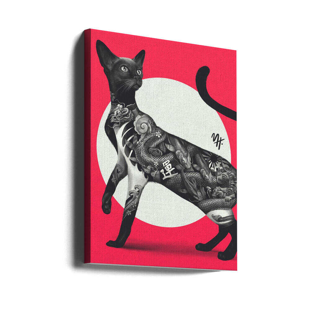 Japanese Cat Tattoo Red - Stretched Canvas, Poster or Fine Art Print - I Heart Wall Art - Poster Print, Canvas Print or Framed Art Print