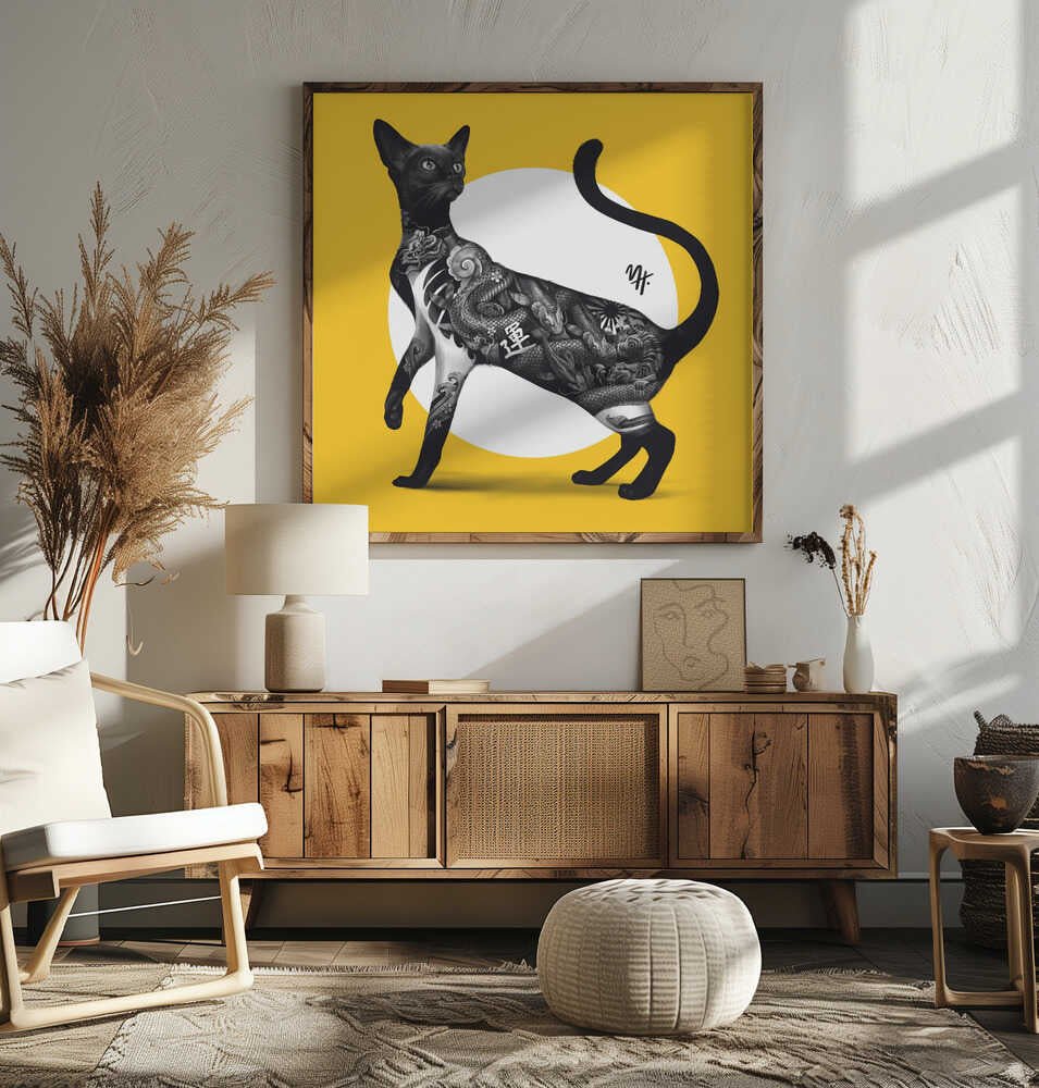 Japanese Cat Tattoo Yellow - Square Stretched Canvas, Poster or Fine Art Print - I Heart Wall Art - Poster Print, Canvas Print or Framed Art Print