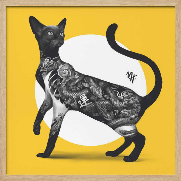 Japanese Cat Tattoo Yellow - Square Stretched Canvas, Poster or Fine Art Print - I Heart Wall Art - Poster Print, Canvas Print or Framed Art Print