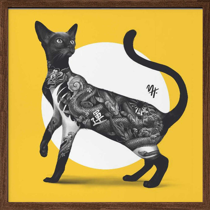 Japanese Cat Tattoo Yellow - Square Stretched Canvas, Poster or Fine Art Print - I Heart Wall Art - Poster Print, Canvas Print or Framed Art Print
