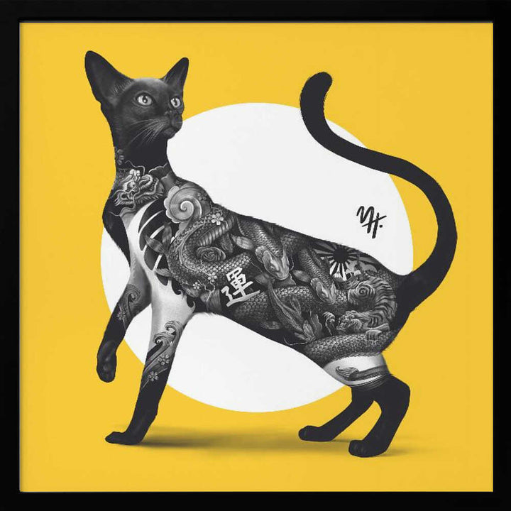 Japanese Cat Tattoo Yellow - Square Stretched Canvas, Poster or Fine Art Print - I Heart Wall Art - Poster Print, Canvas Print or Framed Art Print