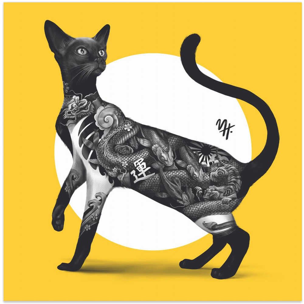 Japanese Cat Tattoo Yellow - Square Stretched Canvas, Poster or Fine Art Print - I Heart Wall Art - Poster Print, Canvas Print or Framed Art Print
