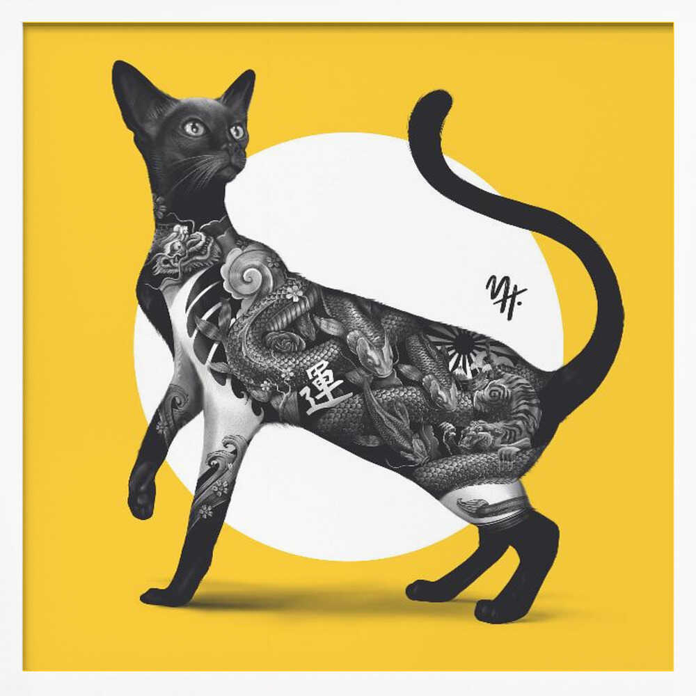 Japanese Cat Tattoo Yellow - Square Stretched Canvas, Poster or Fine Art Print - I Heart Wall Art - Poster Print, Canvas Print or Framed Art Print