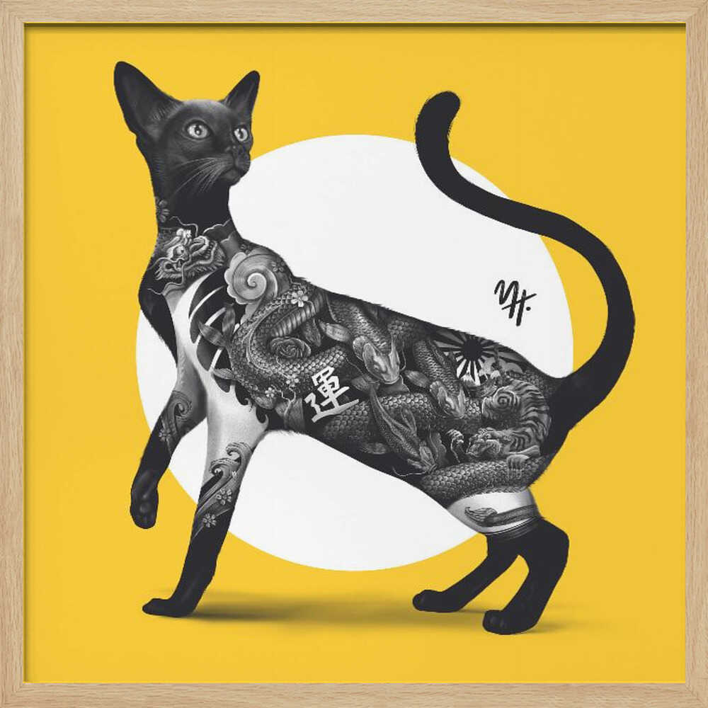 Japanese Cat Tattoo Yellow - Square Stretched Canvas, Poster or Fine Art Print - I Heart Wall Art - Poster Print, Canvas Print or Framed Art Print