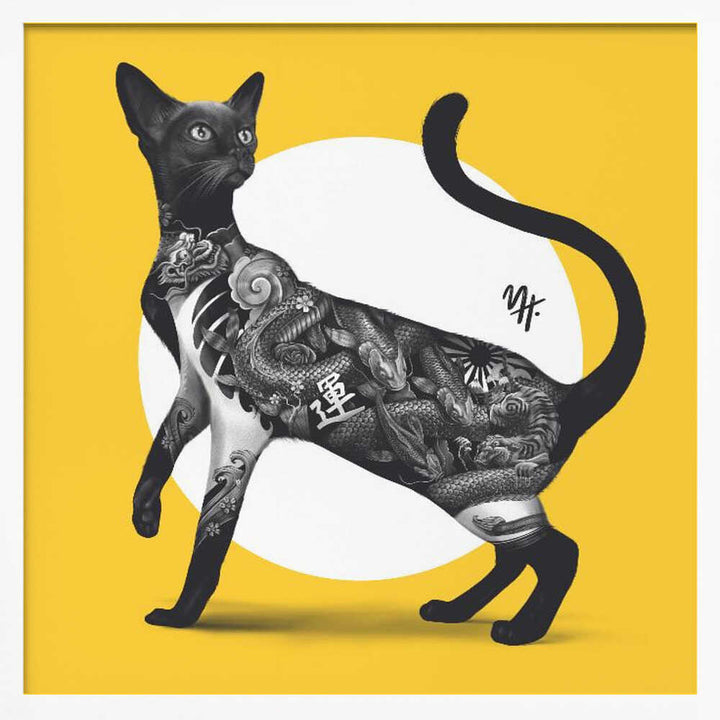 Japanese Cat Tattoo Yellow - Square Stretched Canvas, Poster or Fine Art Print - I Heart Wall Art - Poster Print, Canvas Print or Framed Art Print