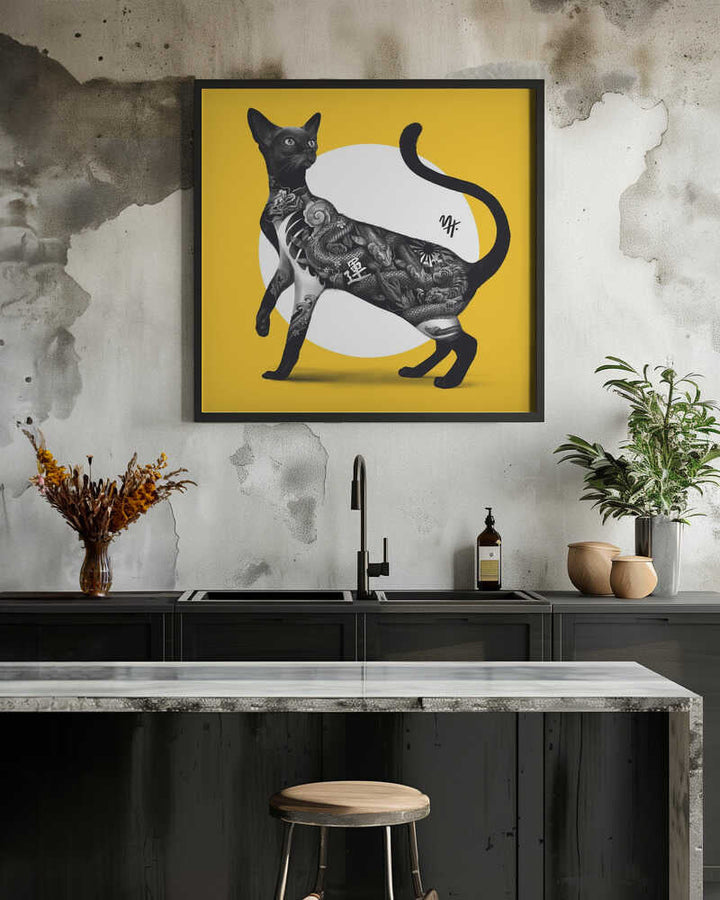 Japanese Cat Tattoo Yellow - Square Stretched Canvas, Poster or Fine Art Print - I Heart Wall Art - Poster Print, Canvas Print or Framed Art Print