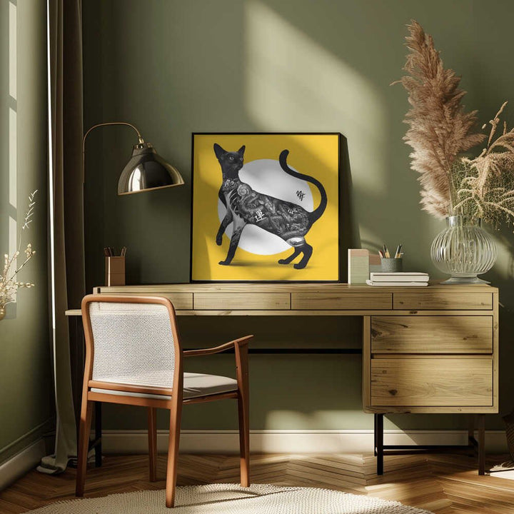 Japanese Cat Tattoo Yellow - Square Stretched Canvas, Poster or Fine Art Print - I Heart Wall Art - Poster Print, Canvas Print or Framed Art Print