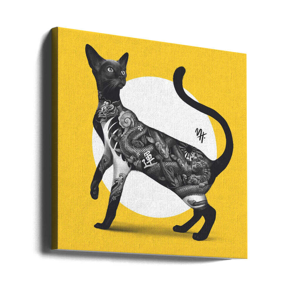 Japanese Cat Tattoo Yellow - Square Stretched Canvas, Poster or Fine Art Print - I Heart Wall Art - Poster Print, Canvas Print or Framed Art Print