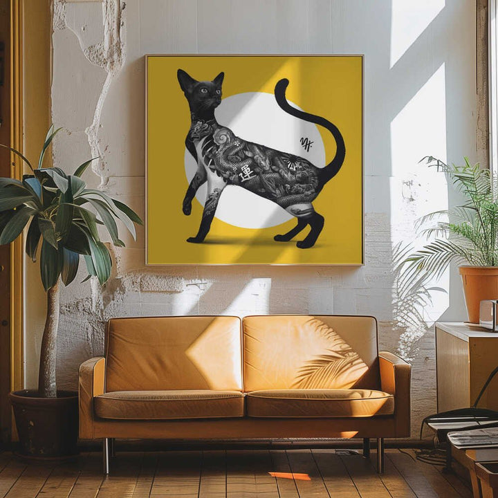 Japanese Cat Tattoo Yellow - Square Stretched Canvas, Poster or Fine Art Print - I Heart Wall Art - Poster Print, Canvas Print or Framed Art Print