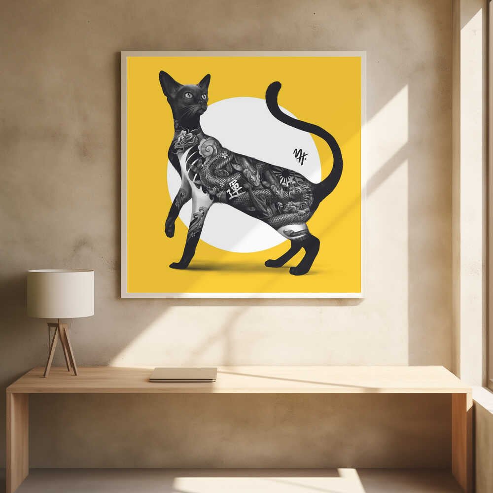 Japanese Cat Tattoo Yellow - Square Stretched Canvas, Poster or Fine Art Print - I Heart Wall Art - Poster Print, Canvas Print or Framed Art Print