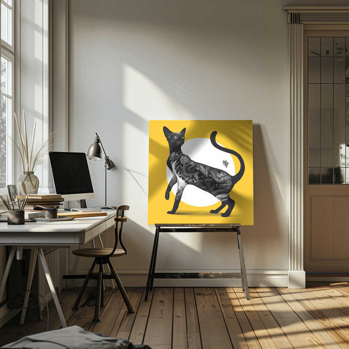 Japanese Cat Tattoo Yellow - Square Stretched Canvas, Poster or Fine Art Print - I Heart Wall Art - Poster Print, Canvas Print or Framed Art Print