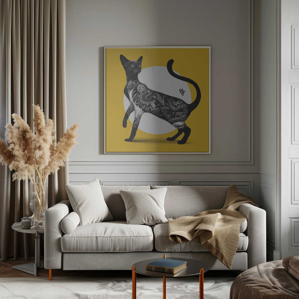 Japanese Cat Tattoo Yellow - Square Stretched Canvas, Poster or Fine Art Print - I Heart Wall Art - Poster Print, Canvas Print or Framed Art Print