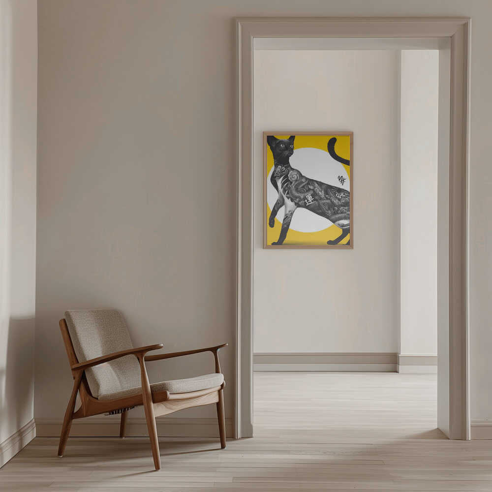 Japanese Cat Tattoo Yellow - Stretched Canvas, Poster or Fine Art Print - I Heart Wall Art - Poster Print, Canvas Print or Framed Art Print