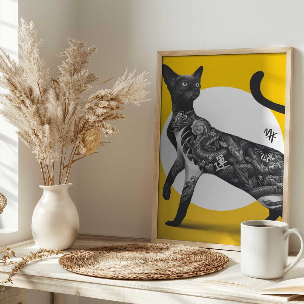 Japanese Cat Tattoo Yellow - Stretched Canvas, Poster or Fine Art Print - I Heart Wall Art - Poster Print, Canvas Print or Framed Art Print