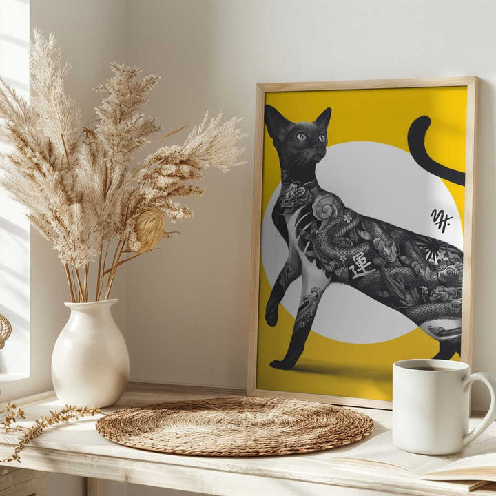 Japanese Cat Tattoo Yellow - Stretched Canvas, Poster or Fine Art Print - I Heart Wall Art - Poster Print, Canvas Print or Framed Art Print
