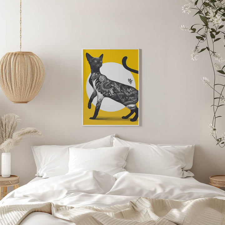 Japanese Cat Tattoo Yellow - Stretched Canvas, Poster or Fine Art Print - I Heart Wall Art - Poster Print, Canvas Print or Framed Art Print