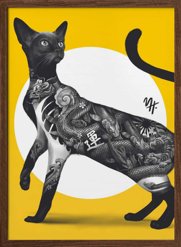 Japanese Cat Tattoo Yellow - Stretched Canvas, Poster or Fine Art Print - I Heart Wall Art - Poster Print, Canvas Print or Framed Art Print