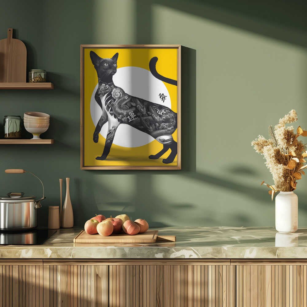 Japanese Cat Tattoo Yellow - Stretched Canvas, Poster or Fine Art Print - I Heart Wall Art - Poster Print, Canvas Print or Framed Art Print