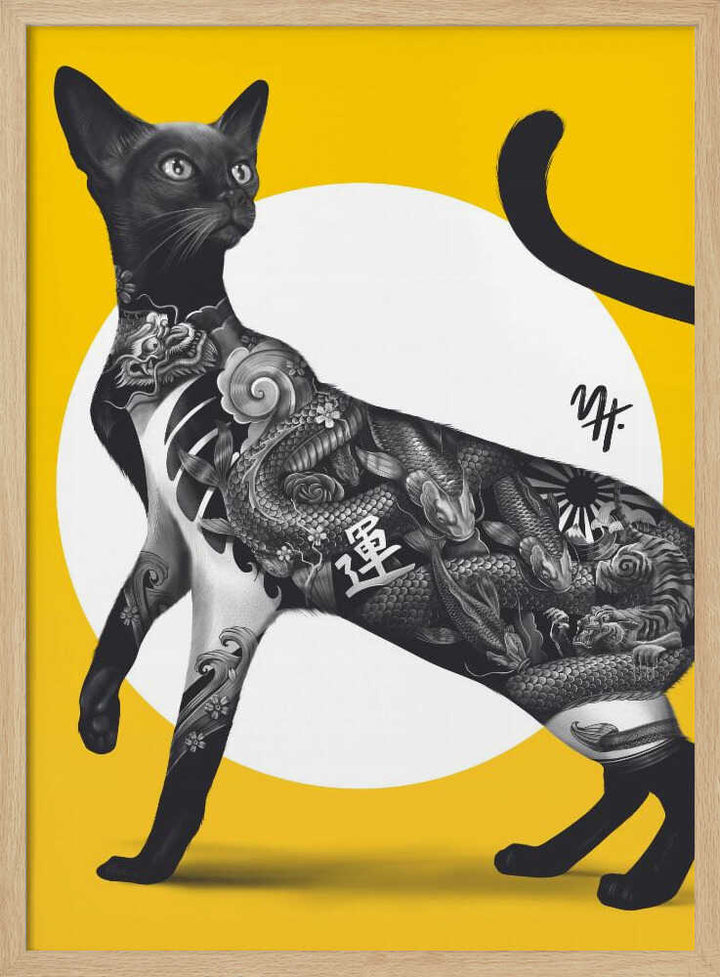 Japanese Cat Tattoo Yellow - Stretched Canvas, Poster or Fine Art Print - I Heart Wall Art - Poster Print, Canvas Print or Framed Art Print