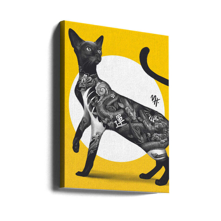 Japanese Cat Tattoo Yellow - Stretched Canvas, Poster or Fine Art Print - I Heart Wall Art - Poster Print, Canvas Print or Framed Art Print