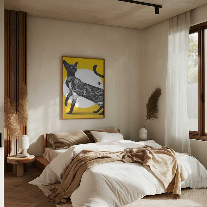 Japanese Cat Tattoo Yellow - Stretched Canvas, Poster or Fine Art Print - I Heart Wall Art - Poster Print, Canvas Print or Framed Art Print