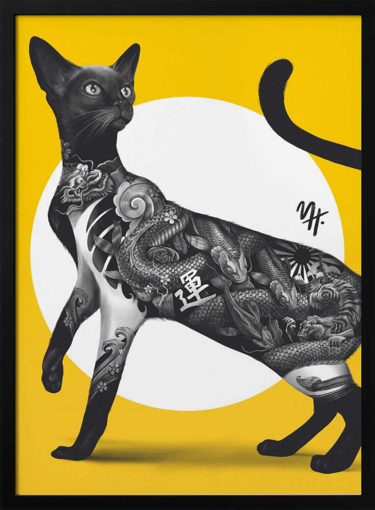 Japanese Cat Tattoo Yellow - Stretched Canvas, Poster or Fine Art Print - I Heart Wall Art - Poster Print, Canvas Print or Framed Art Print