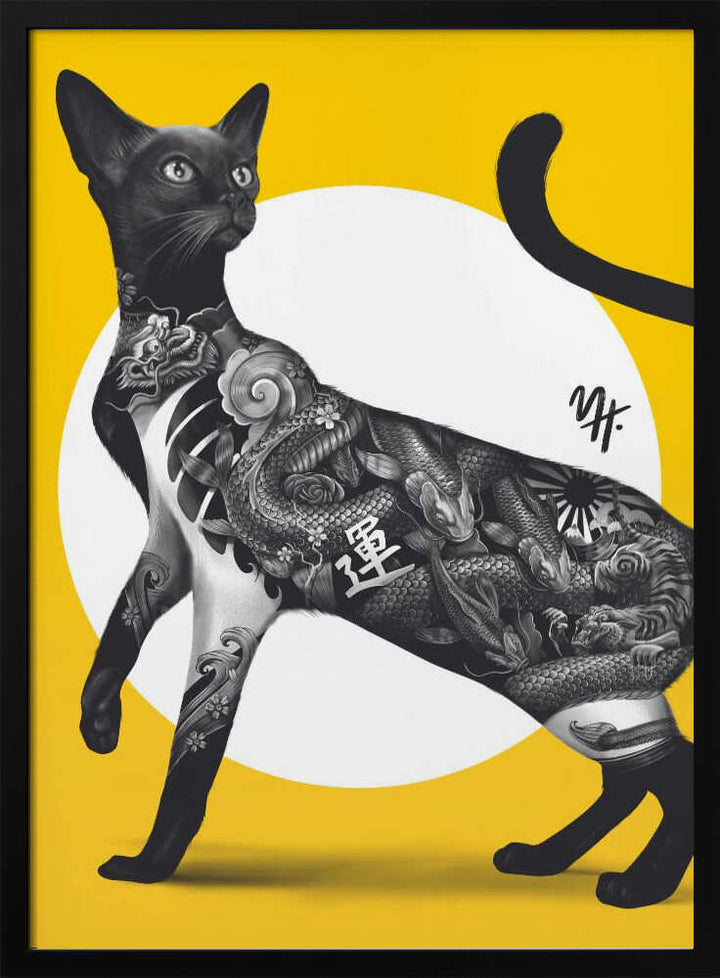 Japanese Cat Tattoo Yellow - Stretched Canvas, Poster or Fine Art Print - I Heart Wall Art - Poster Print, Canvas Print or Framed Art Print