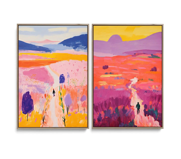 Two framed abstract landscape paintings in pink orange and purple with figures walking paths from journey kids print set
