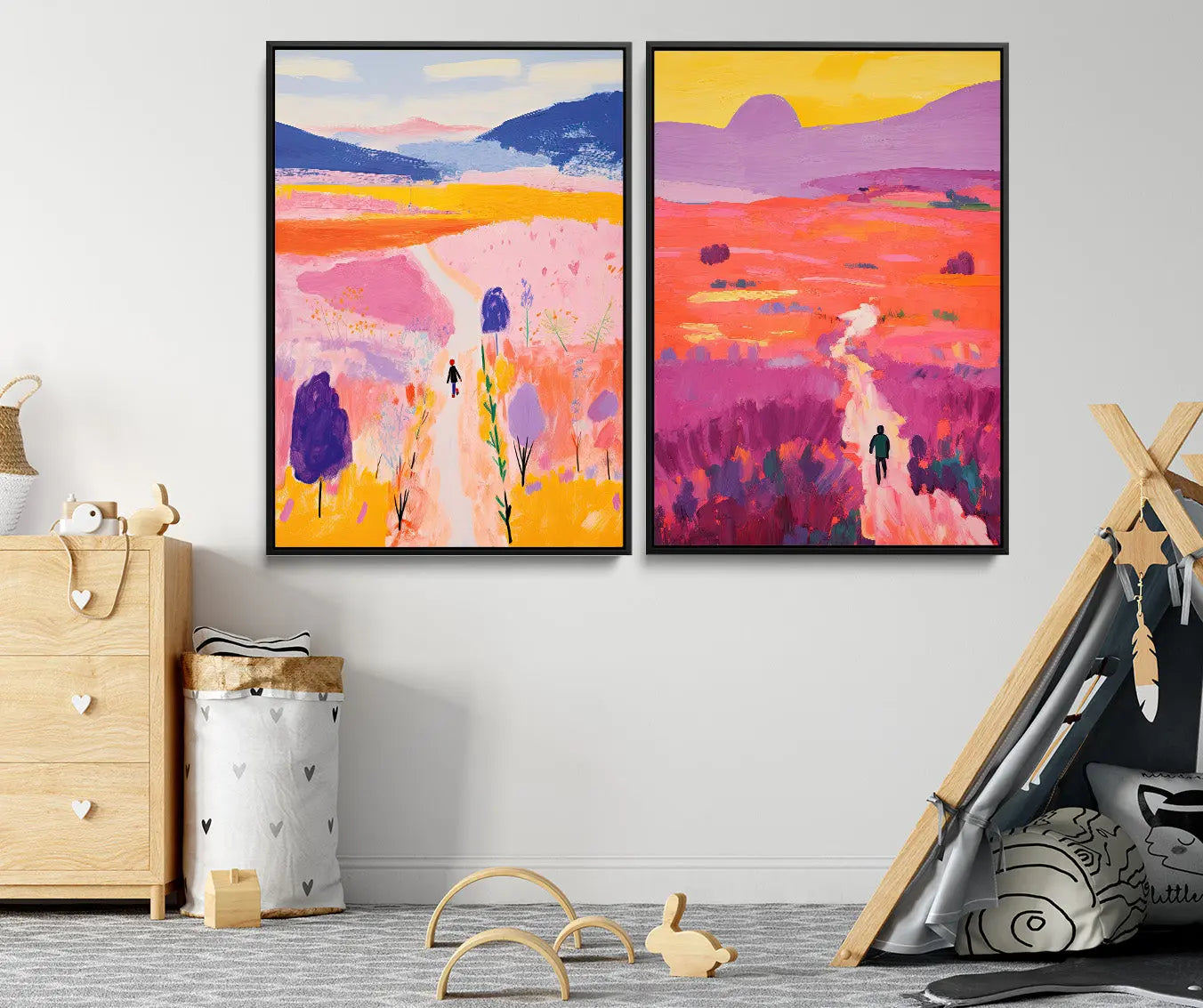Two framed abstract landscape paintings with vibrant colorful brushstrokes and silhouetted figures in journey kids print set