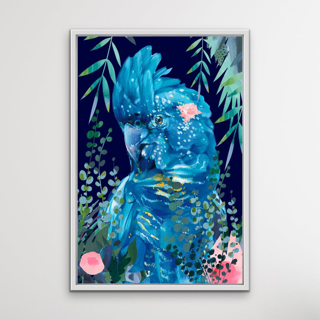 Jungle Cockatoo- Bright Floral Artwork With Black Cockatoo Canvas Art Print - I Heart Wall Art