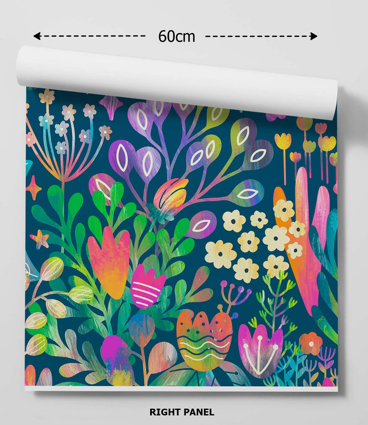 A vibrant rolled-up kids jungle fairy garden wallpaper with colorful botanical flowers and leaves on deep teal background