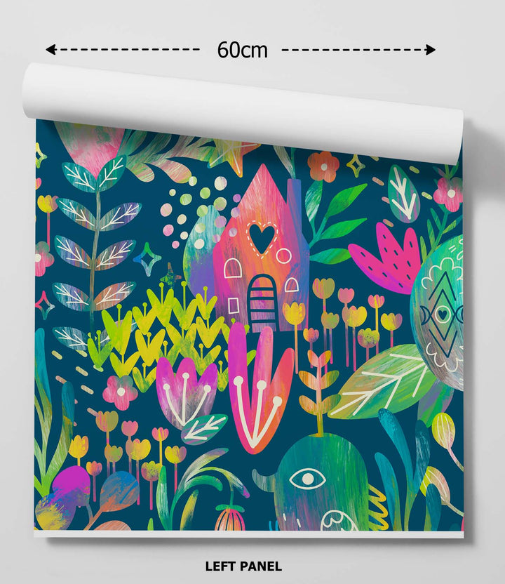 Vibrant colourful kids jungle fairy garden wallpaper featuring a whimsical house among stylized flowers on teal background