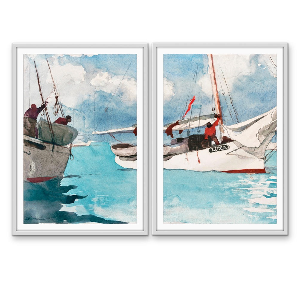 Key West by Winslow Homer - Two Piece Coastal Diptych Watercolour Print Set Americana