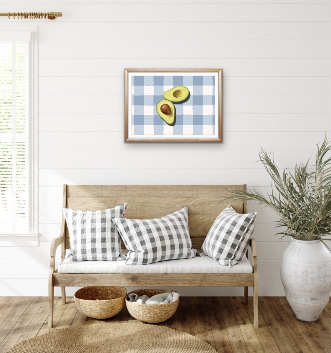 Kitchen Still Life XIV - Blue Gingham Avocado, Stretched Canvas or Wall Art Print - I Heart Wall Art - Poster Print, Canvas Print or Framed Art Print