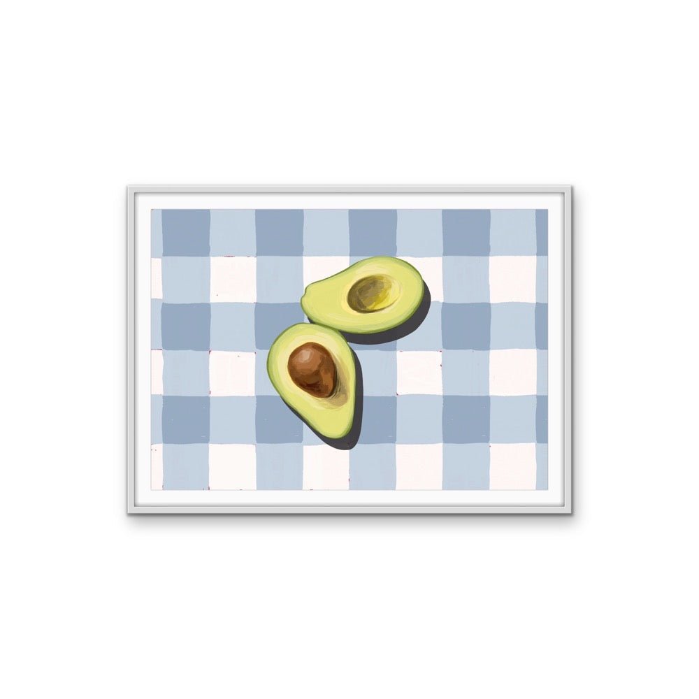 Kitchen Still Life XIV - Blue Gingham Avocado, Stretched Canvas or Wall Art Print - I Heart Wall Art - Poster Print, Canvas Print or Framed Art Print