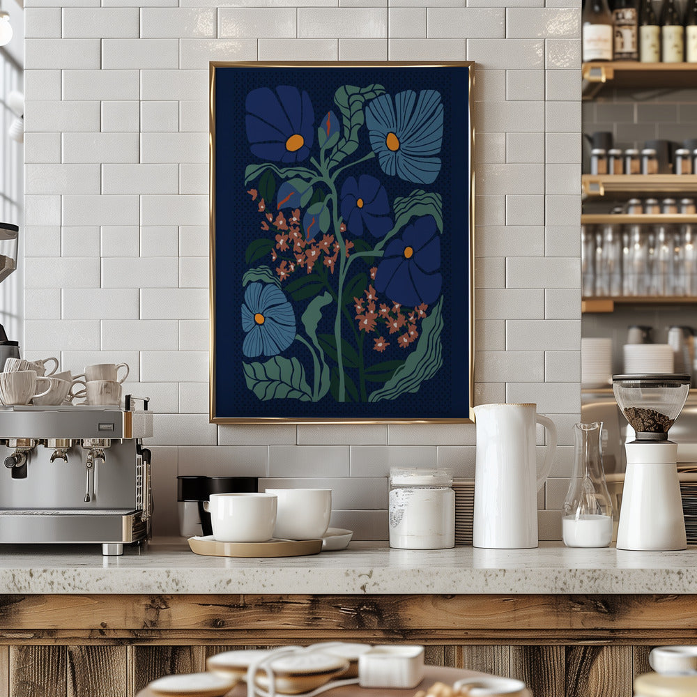 Klimt Flower Dark Blue - Stretched Canvas, Poster or Fine Art Print I Heart Wall Art
