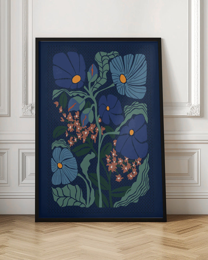 Klimt Flower Dark Blue - Stretched Canvas, Poster or Fine Art Print I Heart Wall Art