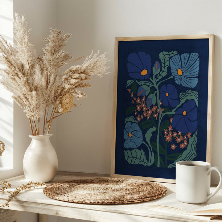 Klimt Flower Dark Blue - Stretched Canvas, Poster or Fine Art Print I Heart Wall Art