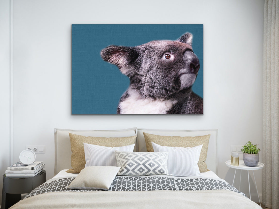 Koala Blue - Koala On Blue Linen Background Stretched Canvas or Art Print - I Heart Wall Art