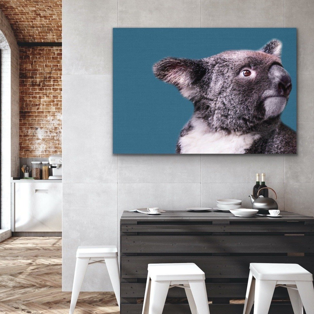 Koala Blue - Koala On Blue Linen Background Stretched Canvas or Art Print - I Heart Wall Art