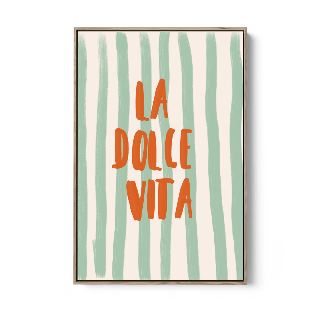 La Dolce Vita Stripes - Orange &amp; Green Coastal Quote, Stretched Canvas or Wall Art Print - I Heart Wall Art - Poster Print, Canvas Print or Framed Art Print