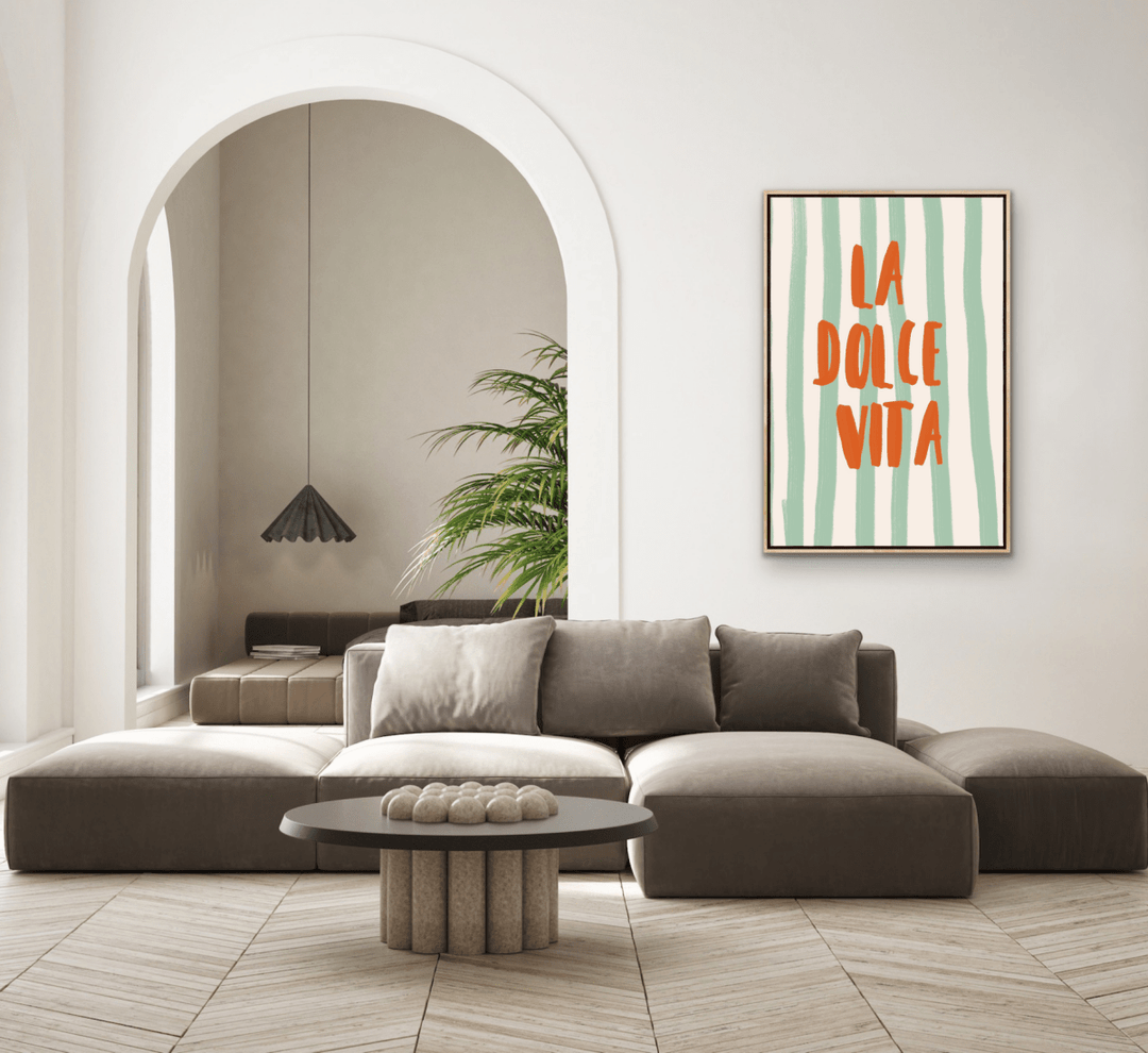 La Dolce Vita Stripes - Orange &amp; Green Coastal Quote, Stretched Canvas or Wall Art Print - I Heart Wall Art - Poster Print, Canvas Print or Framed Art Print